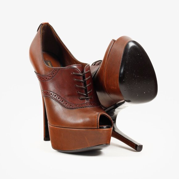 Louis Vuitton Brown Leather Lace Peep Toe Oxford Pumps - Picture 3 of 10